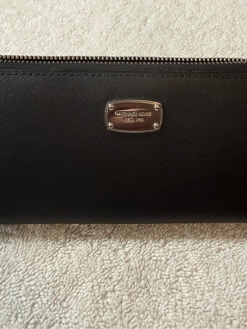 Michael Kors Black Saffiano Zip-Around Wallet with Metal Logo Plate
